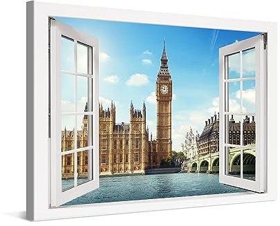 PICANOVA – Leinwandbild 60x40cm London Big Ben Fenster – Leinwanddruck – Wandbild Kunstdruck Auf 2cm Holz-Keilrahmen Für Schlaf- Und Wohnzimmer Wanddekoration – Bild auf Leinwand