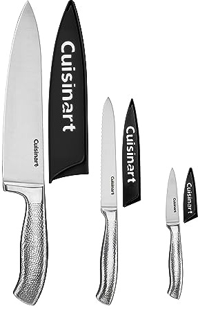 Cuisinart Classic Forged Knife Set – High-Carbon Hammered Stainless Steel Blades, Sheath Guards, Ultra Sharp Edge, Extra-Wide Bolster for Stability (6-Piece: 8 Chef, 5.5 Utility, 3.5 Paring)