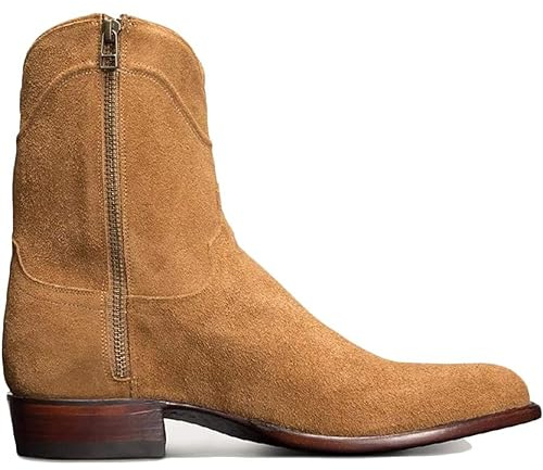 Botas de Caballero Motero para Hombre, Botas Cortas de Gamuza, Zapatos de Montar con Punta Redonda, Estilo Vaquero Occidental Vintage, Zapatos con Cremallera Lateral Grande,Caqui,43 EU