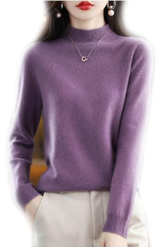 BAWUTZ Suéter de Cachemira para Mujer,100% suéter básico Suelto de Cuello Alto,suéter de Punto con Cuello Alto, suéter de Cuello Alto de Manga Larga para otoño Invierno (L,Lila)