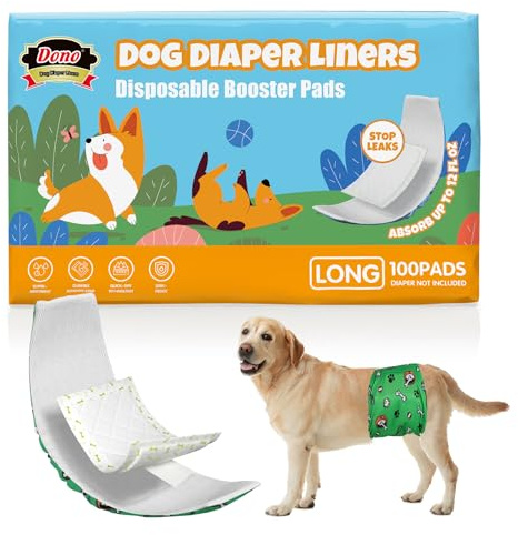 Dono Dog Diaper Liners for Male and Female Dogs, Super Absorbent Dog Booster Pads, 100ct Disposable Doggie Diaper Inserts Fit Reusable Male Belly Bands, Wraps, Washable Period Panties, Long