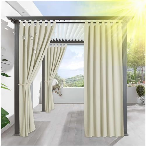 NNSMUN Wasserdicht Outdoor Vorhang, Transparent Gardinen, Wetterfest Outdoorvorhänge Wasserdicht Gardinen Sonnenschutz Terrassen Sichtschutz Vorhang für Balkon Pavillon (132x274cm,Cremefarben)