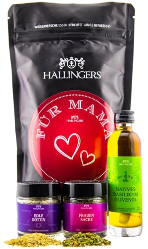 Hallingers Genuss Manufaktur Feinkost Muttertagsgeschenk-Set - wertig in der Wundertüte Für Mama kleines Mitbringsel Nougat-Busserl, Basilikum-Olivenöl & Gewürz, Geschenkidee für Mama Oma