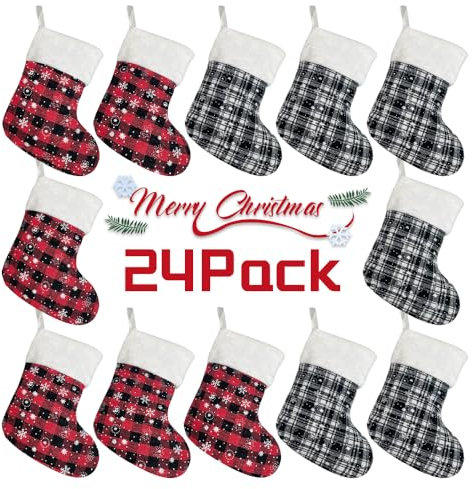 GlyinnHe Mini-Weihnachtsstrümpfe, 17,8 cm, Büffelkariert, Schneeflocke, kariert, rot, schwarz, Strümpfe mit Plüschmanschette, für Weihnachtsbaumschmuck, Dekorationen, Geschenkhalter, 24 Stück
