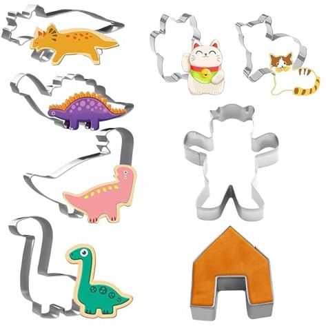 JCUGSBS Juego de moldes para tartas de galletas - 8 Piezas, Dinosaurio, Gato, Oso, Casa, moldes para tartas de galletas para fiestas de cumpleaños infantiles y más.