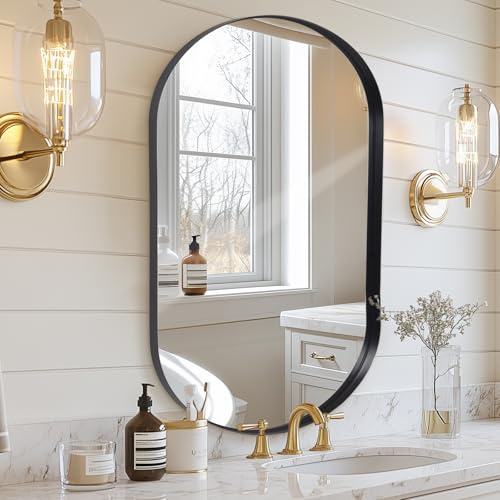 Melodieux Wandspiegel 60x90cm Schwarze Oval Spiegel Badezimmerspiegel Dekorativer Spiegel zum Aufhängen an der Wand Horizontal oder Vertikal für Schlafzimmer Wohnzimmer Flur