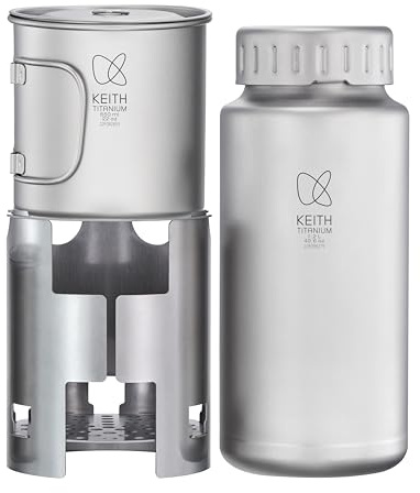 KEITH Ultralight Titanium Camping Pot, Functional Outdoor Cookware, Includes 1200ml Bottle, 650ml Mug and a Versatile Wood-Burning Stove for Camping, Hiking, Picnic, Travel(Ti3070)