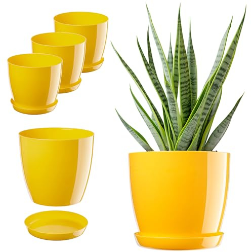 KADAX - Lot de 3 pots de fleurs avec soucoupe - Pots de fleurs en plastique ronds pour l'intérieur - Cache-pots pour fleurs et plantes d'intérieur, pots pour herbes (Lot de 3 : 28 cm, Jaune)