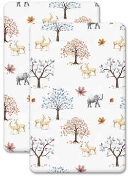 Lot de 2 draps-housses pour lit de voyage - 100 % coton, doux et confortable, hypoallergénique et respirant (animaux et arbres, 95 x 65 cm)