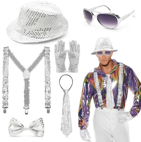 Oerphh 6 Stück Disco Glitzer Accessoires Herren Disco Karneval Outfit Accessories mit Hut,Hosenträger,Krawatte,Fliege,Handschuhe,Brille,Pailletten Kostüm für Fasching Party,Jazz Performence