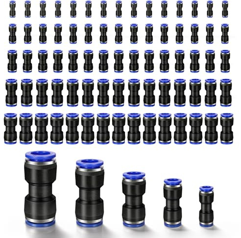 100 Pcs Quick Connect Air Hose Fittings, 5 Sizes Air Line Push to Connect Fittings Kit Quick Release Pneumatic Connectors Plastic Straight Tube Connector (2 Way, 4 6 8 10 12 mm)