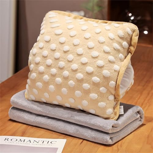 Hixingo Reisedecke und Kissen 2 in 1, Reisedecke mit Kissen Set Multifunktionale Reise Decke und Kissen 2 in 1 Weichem Flugzeug Verwandlungskissen für Urlaub, Camping (35 * 35cm,Beige Polka Dots)