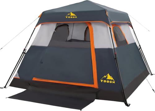 Toogh 3/4 Person Camping Tent with 1 Door, 4 Windows, and Upgraded Ventilation– Instant Setup, Waterproof, 8'x 8'x 67''Oxford Fabric Floor Pop Up in 60 Seconds Includes Rainfly and Backpack