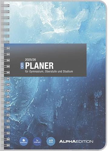 Alpha Edition - Gymnasialplaner Blau 2025/26 – DIN A5 (ca. 15×21 cm) Schülerkalender mit Spiralbindung, Wochenübersicht & Zusatzseiten, robuster Schulplaner mit Stickern für Gymnasium & Oberstufe