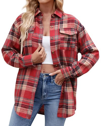 Womens Plaid Shirt Ladies Long Sleeve Button Down Casual Flannel Checked Shirts Basic Loose Check Blouse Top,Red,XL