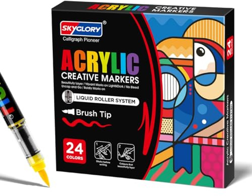 SKYGLORY 24 Colours High Coverage Acrylic Markers | Multi-Surface Liquid Roller Paint Pens | Smooth Ink Flow | Colour-Matched Caps | Hobby & Beginner Art Kit