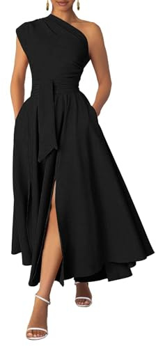 Ekaliy Women's One Shoulder Belted Maxi Dress Formal Wedding Guest Dress | Soft stretch fabric,flattering A-line for curvy women,pockets,double splits,belt for formal,wedding,cocktail wear.