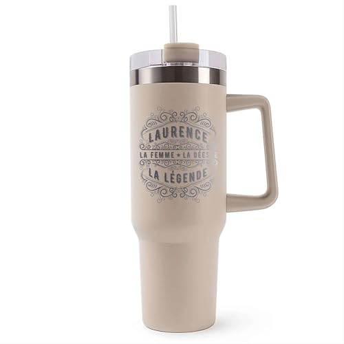 Planetee Mug Isotherme 1,2L - LAURENCE Déesse légende Beige – Bouteille avec Anse, Paille et Couvercle – Idée Cadeau Gourde Personnalisée