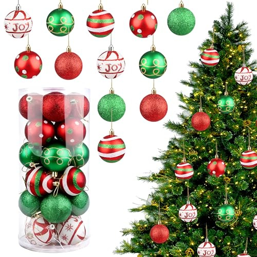 24 Stück Weihnachtskugeln, 6cm Glitzer Weihnachtskugeln Rot Grün Weiß, Tannenbaum Kugeln Kunststoff Kugeln Bruchsicher, Christmas Baubles für Weihnachtsbaum, Weihnachten Party Dekoration