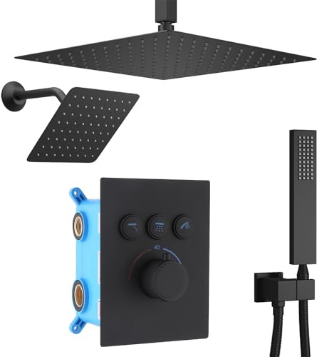 Duales Duschkopfsystem, 30,5 cm Regendusche und 15,2 cm Wandhalterung, Kombi, Ganzkörper-Erlebnis, 3-Wege-Thermostatventil, mattschwarzes Finish, ultimatives Luxus-Duschset