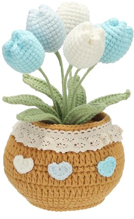 YELARXI Crochet Flowers, Tulip Artificial Flowers Cute Little Potted Handmade Knitted Plants - Fitting for (Birthday Graduation Gifts - Home Office - Women) 6 Flowers & Gradient Blue
