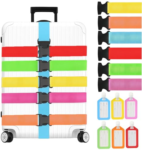 12-Piece Set, Luggage Straps for Suitcases, 5cm x 165cm, 6 Pack 5cm Wide Suitcase Straps with 6 Colorful Luggage Tags, Strong Hold Durable Travel Straps for Secure Packing