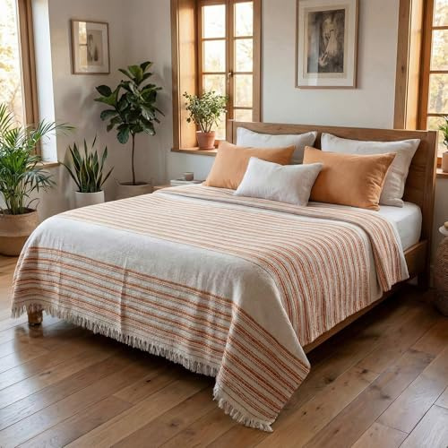 Loomvia Leichte Bettüberwurf & Tagesdecke 240x260 cm, 215 GSM, seidig weich Sommerdecke, Überwurf für Bett & Sofa, aus Baumwolle & Bambusviskose - Pflegeinfos unter Info zu diesem Artikel - Orange