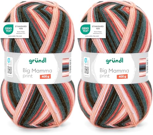 Gründl Wolle Big Mamma Print - XXL Wolle zum Stricken mit Farbverlauf - Weich und hautfreundlich - 100% Polyacryl - 1 Knäuel 400 g / 1040 m - Nadelstärke 3,5-4,5 - pfirsich-rostrot-tannengrün-weiß
