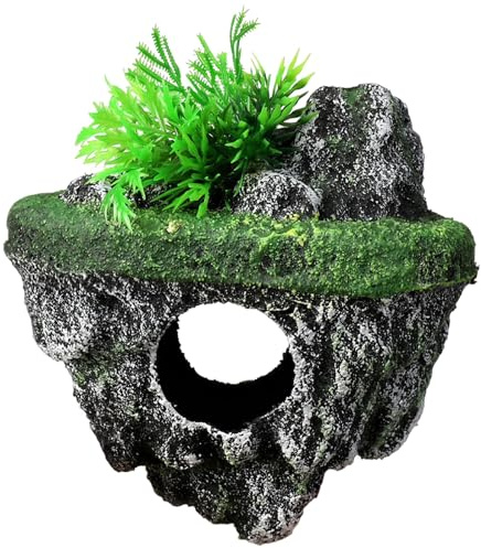 wkao Aquarium Floating Island Fish Decor, Fish Cave, Grey-Black Resin Rock with Plants, Aquarium Decoration