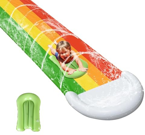 RNPKZ Wasserrutsche Garten für Kinder, Single Wasserrutschmatte mit Bodyboards, Wasserrutsche Kinder Draußen, Wasser Rutsche, Wasserspielzeug mit Eingebautem Sprinkler für Kinder Erwachsene (480x76cm)