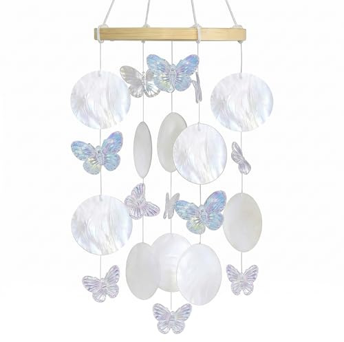 60cm Carillon Éolien en Coquillage Coquillage Papillon Carillons de Vent | Nacre Carillon a Vent Blanc Carillons en Nacre pour Jardin pour Jardin Salon Cours Balcon Ornements Suspendus Maison