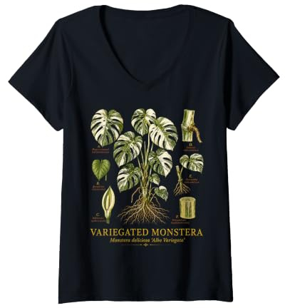 Women's Variegated Monstera Albo Vintage Botanical Anatomy Study V-Neck T-Shirt