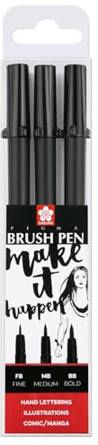 SAKURA Pigma Brush Pen Set - 3 Größen Schwarz - Langlebige Spitzen - Permanente wasserfeste Tinte - Ideal für Illustration, Journaling, Skizzieren, Gummistempel, Comic Art