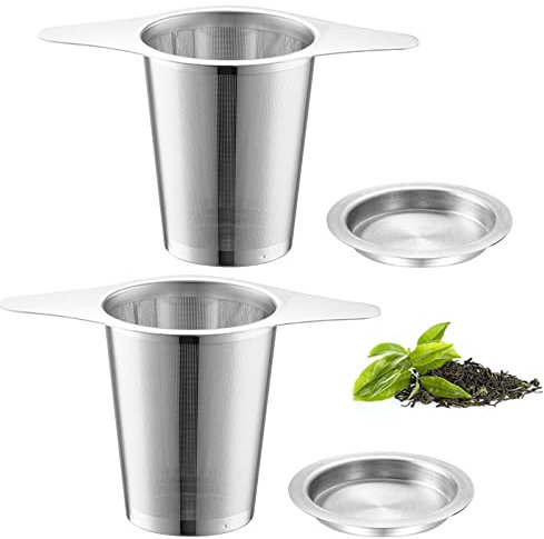 2 Pièces Filtre Thé Acier Inoxydable, Infuseur Thé Tasse, Poignée Filtre Thé, Double Poignées Passoire Thé, Passoire Thé Avec Couvercle Tasses pour Infuser le Thé et le Café en Vrac (A)