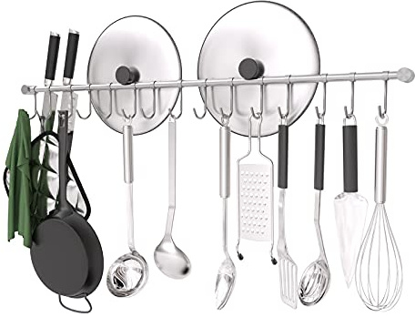 OKEPOO Kitchen Rail with Hooks, 30.5inch  Utensil Hanger with 15 Pcs Noiseless Sliding Hooks, Organizer Storage Holder Wall Mounted for Kitchen/Bathroom/Bedroom, 304 Stainless Steel, Silver