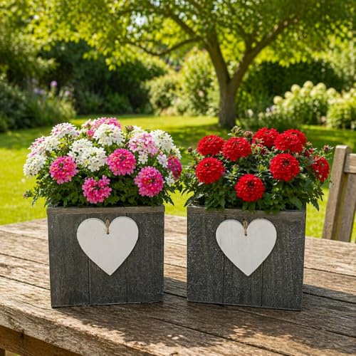 2 Blumentöpfe mit Herz aus Holz im Set - Liebevoller Blumentopf, Blumenkasten - Weiß, Grau (Grau P43)