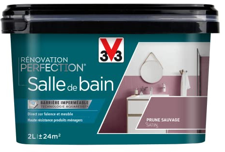 V33 Peinture de rénovation salle de bain, Rénovation perfection Prune sauvage satin 2L | Haute Adhérence - Barrière Hydrofuge - Sous-Couche intégrée - Ecolabel - Faïence - Meuble - Plan Vasque