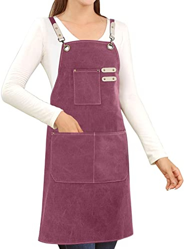 Hongsome Cotton Canvas Cross Back Apron for Gardening Garden Chef Bartender Work Women Men 3 Pockets Waterproof Adjustable M-XXL Purple