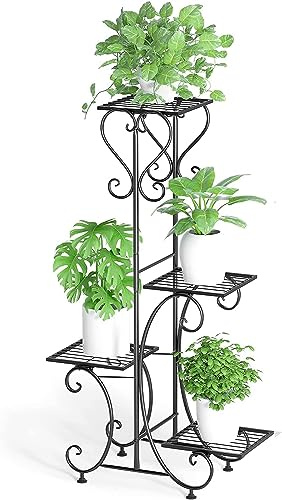 unho Blumenregal Metall, Pflanzenregal mit 4 Ebenen, Blumenständer Blumentreppe Pflanzenständer für Garten Balkon, Schwarz