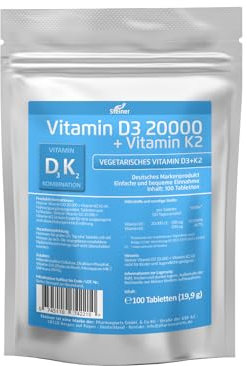 Vitamin D3 20.000 I.E. + K2 200 mcg | Premium: 99,9% All Trans | Hochdosiert & Bioverfügbar | 100 vegane Tabletten | Laborgeprüft & hergestellt aus hochwertigen Rohstoffen