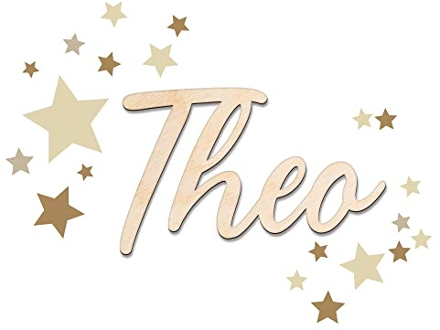 timalo® Türschild Holz personalisiert mit Namen. Individuelles Namensschild Kinderzimmer 3D Schriftzug Dekoration Tür Wanddeko Aufkleber | wood2-m-Sterne-20cm