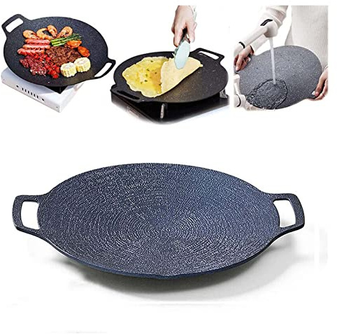Multi-Function Medical Stone Grill Pan Non-Stick Pan,Grill Pan, Korean BBQ Grill Pan Iron Nonstick Round Grilling Tray BBQ Cast Iron Grill Pan for Outdoor Pork Belly Pancakes (15 inch)