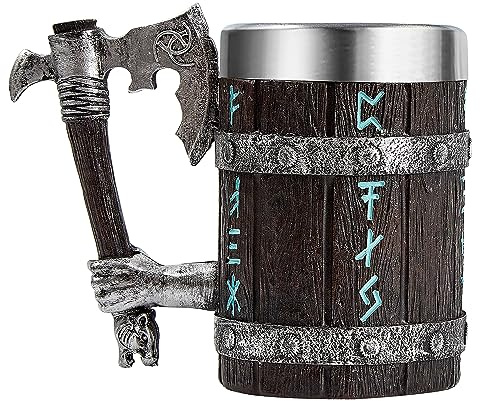 OTARTU Viking Mug with Axe Handle, Nordic Oak Wooden Beer Stein with Stainless Steel Insert 17oz, Norse Mythology Tankard, Viking Gift for Men