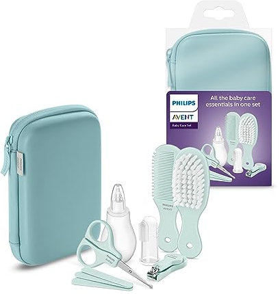 Philips Avent - Set per la cura del bambino, con 3 lime, pettine, spazzola per capelli, aspiratore nasale e spazzolino da denti (modello SCH401/00)
