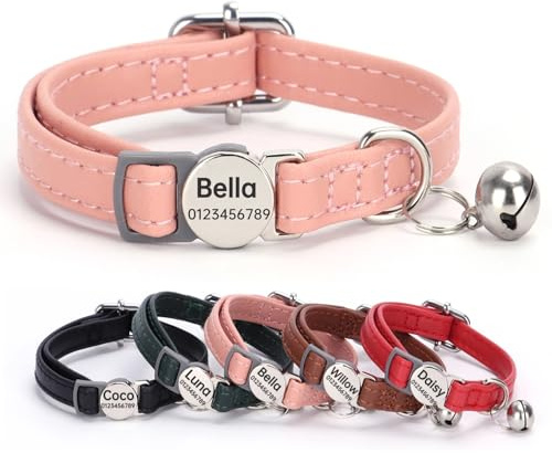 SEOUGEE Collar para gatos, piel auténtica, liberación rápida con placa de identificación personalizada, collares para gatos frágiles con burbujas desmontables y cierre de seguridad, hebilla grabada
