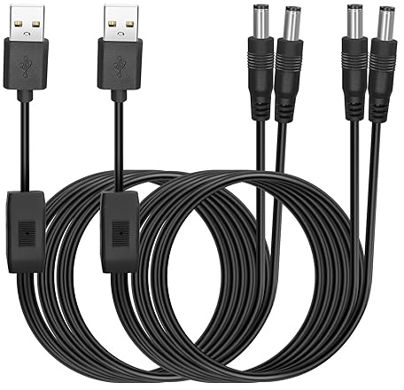 HATMINI Cavo di ricarica sdoppiatore da USB a DC5521 Y da 2 pezzi, 5 V 2,5 A USB A maschio a doppio cavo connettore DC 5,5x2,1 mm maschio con spina cilindrica per ventola router LEDlight ecc -3,3FT