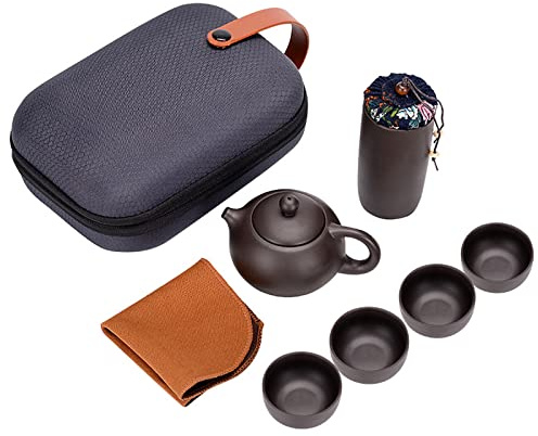 KOCAN Juego de té de púrpura de cerámica Juego de Tetera y Tazas de Viaje al Aire portátil con Bote de té de Toalla y Bolsa de Transporte,Tetera y Tazas