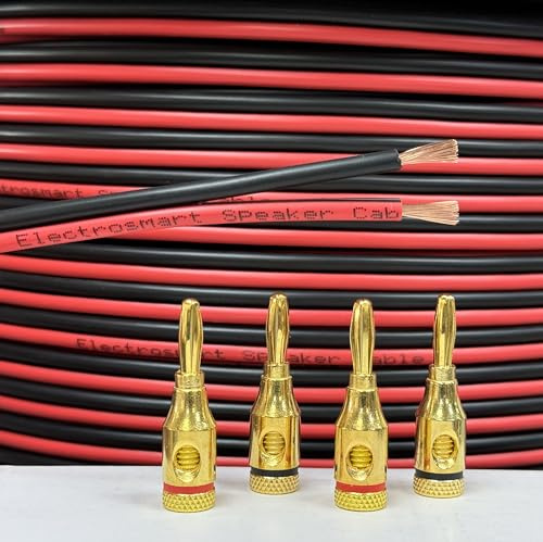 electrosmart 14 AWG Red and Black Speaker Cable Wire with 4mm Gold Plated Banana Plugs for Audio HiFi (10m)