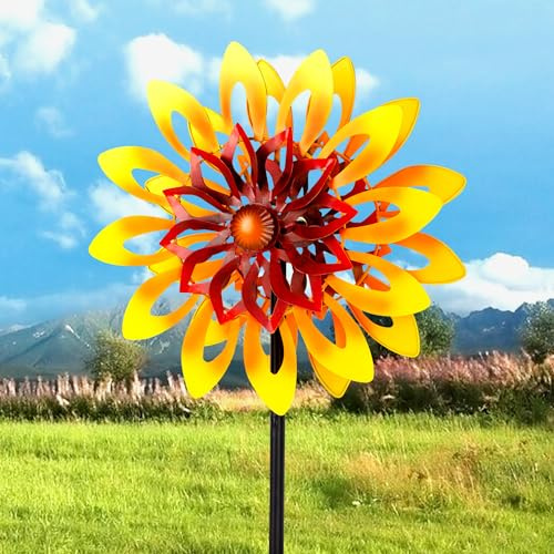 Sunflower Wind Spinners, 360 Degrees Swivel Metal Wind Sculptures, 62 Garden Pinwheels for Yard Lawn Patio Decor
