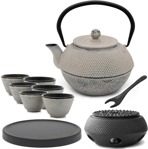 Bredemeijer Asia Teekanne Gusseisen Set 1.1 Liter - grauer Teekessel & Edelstahl-Filter für losen Tee & 6 Tee-Becher & Holz-Untersetzer & Deckelheber & Stövchen